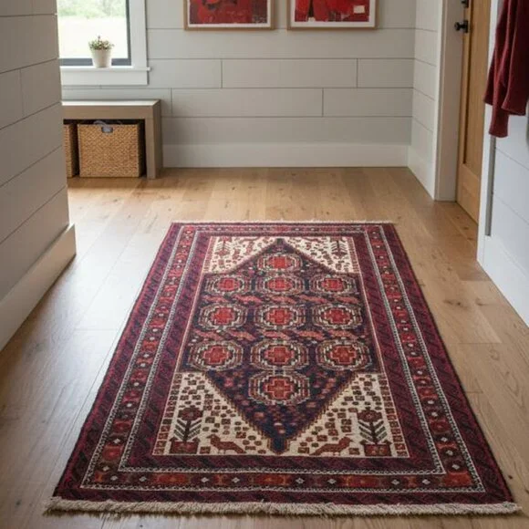 Vintage 1960s Handmade Wool Rug: Ethnic Geometric Design (6x3) - Picture 1 of 3